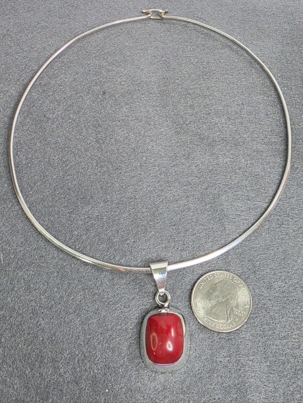Mexico Vintage Sterling Silver  Torque Necklace Coral Cabochon Pendant